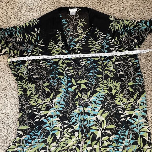 ULLA POPKEN Black Green Sheer Tunic Blouse Leaf Nature Print Boho Flowy Sz 28/30 - Picture 7 of 8